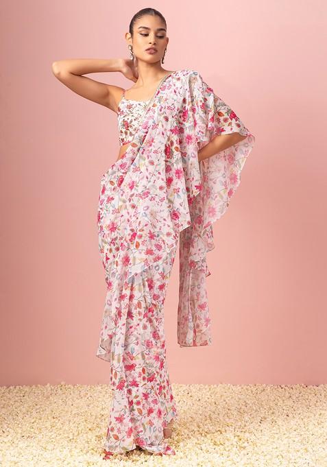White Floral Print Pre-Stitched Saree And Blouse Set With Cape And Belt