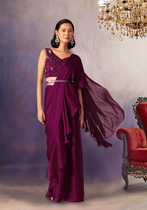 Wine Ruffled Pre-Stitched Saree Set With Embroidered Blouse And Belt