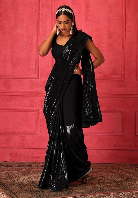 Black Sequin Embroidered Saree Set With Stitched Blouse