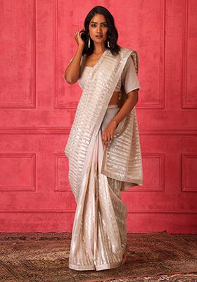 Blush Pink Sequin Embroidered Saree Set With Stitched Blouse