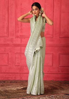 Light Green Sequin Stripe Embroidered Saree Set With Stitched Blouse