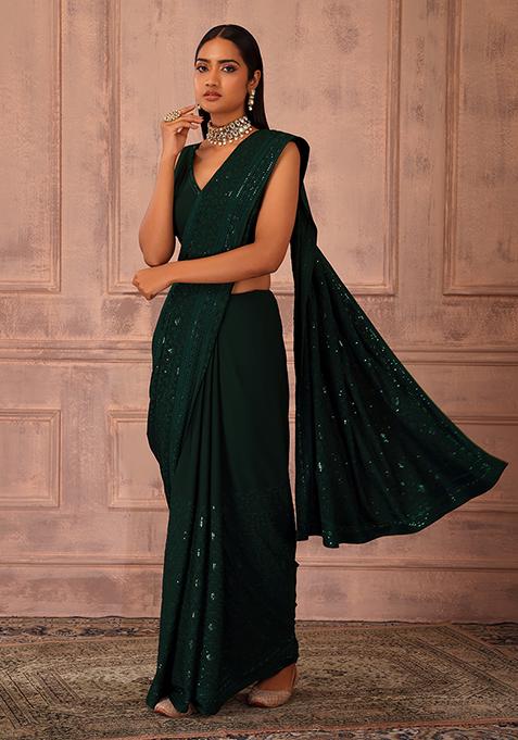 Emerald Green Tonal Sequin Embroidered Saree Set With Stitched Blouse