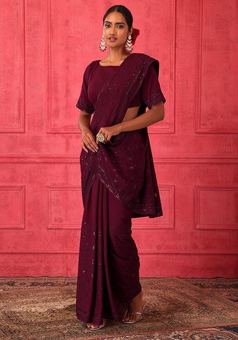 Wine Tonal Sequin Embroidered Saree Set With Stitched Blouse