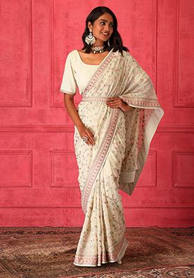 Ivory Paisley Embroidered Saree Set