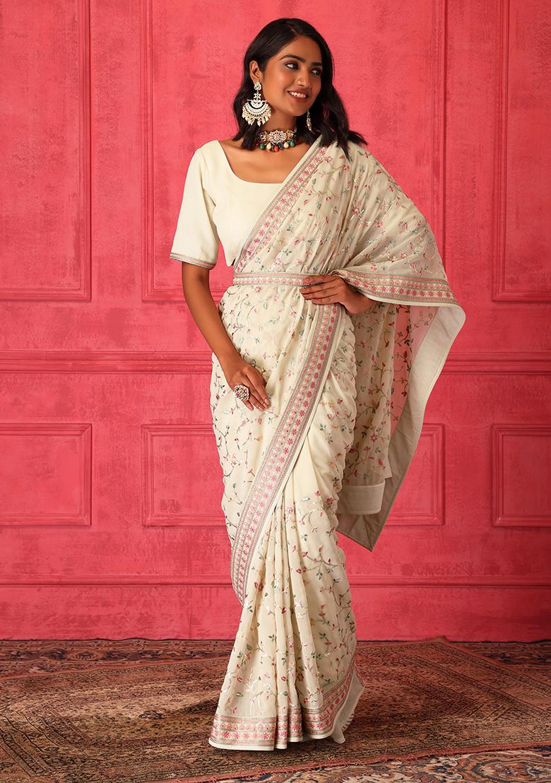 Buy Women Ivory Thread Embroidered Saree Set With Stitched Blouse And Belt  - Whites & Ivorys - Indya