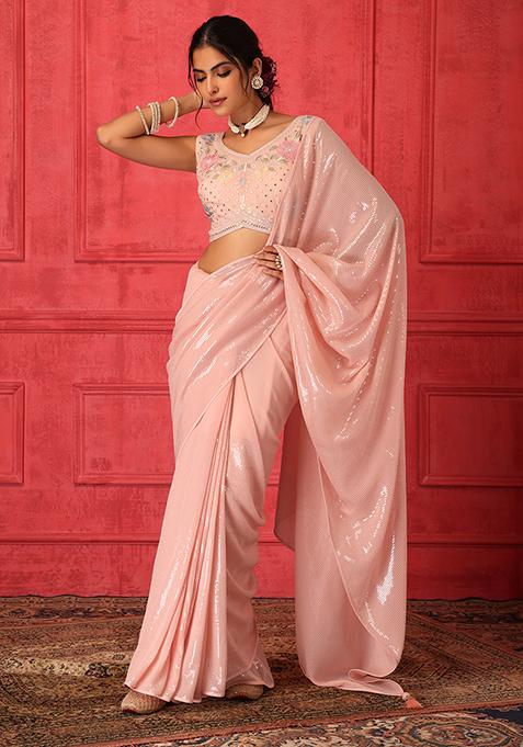 Peach Sequin Embroidered Saree Set With Stitched Blouse
