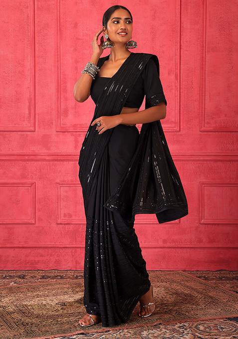 Black Sequin Stripe Embroidered Saree Set With Stitched Blouse