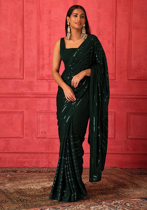 Emerald Green Sequin Stripe Embroidered Saree Set With Stitched Blouse