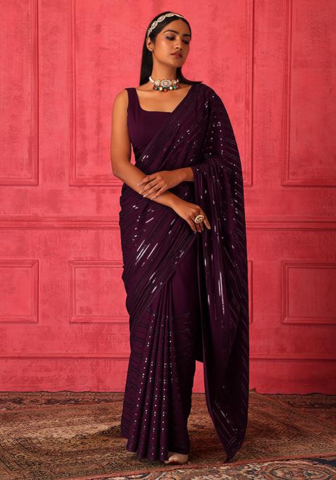 Wine Sequin Stripe Embroidered Saree Set With Stitched Blouse