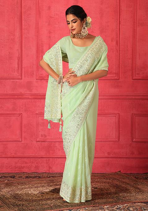 Green Gota And Floral Embroidered Saree Set With Stitched Blouse