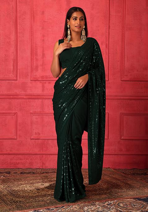 Emerald Green Drape Saree and Blouse Set