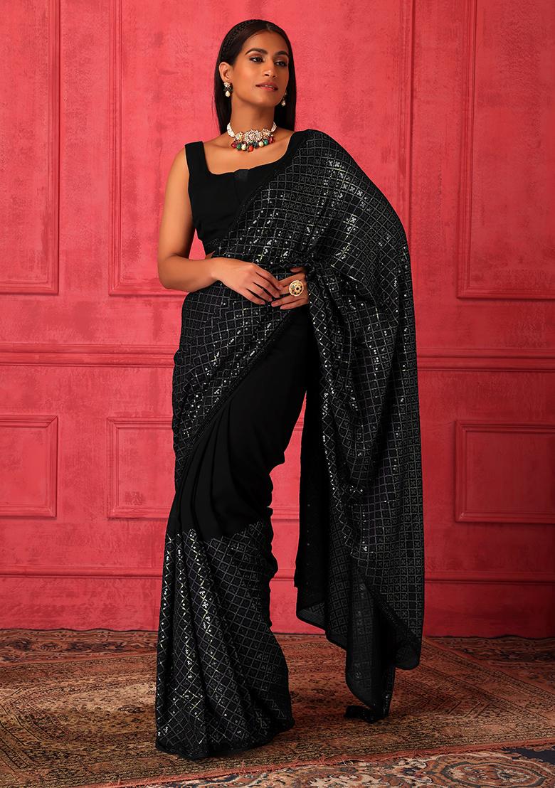 Black Sequins Embroidered Net Saree – kreationbykj