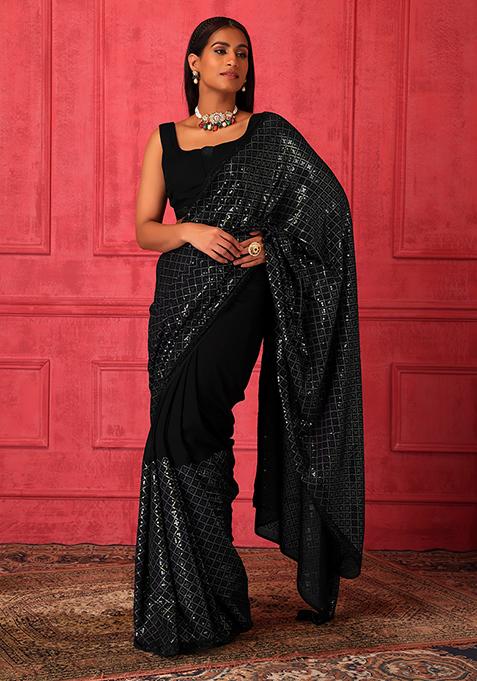 Black Sequin Grid Embroidered Saree Set With Stitched Blouse