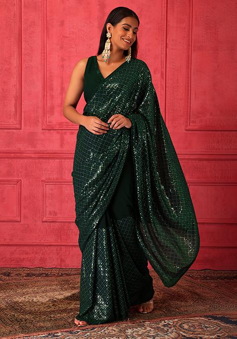 Emerald Green Sequin Grid Embroidered Saree Set With Stitched Blouse