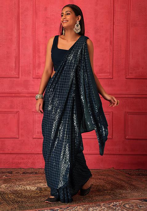 Teal Blue Grid Sequin Embroidered Saree Set With Stitched Blouse