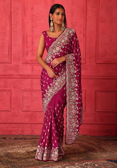 Red Floral Embroidered Saree Set With Stitched Blouse