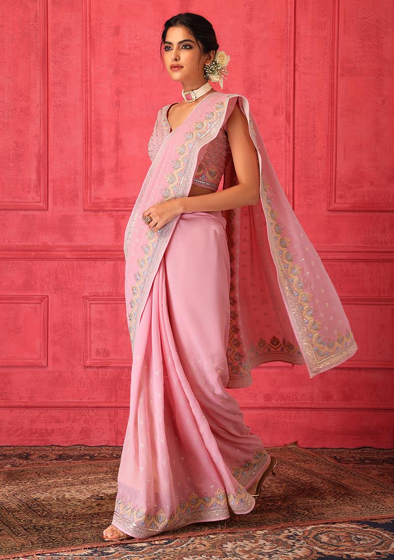 Contessa Pink and Green Woven Soft Silk Saree with Embroidered Blouse –  MySilkLove