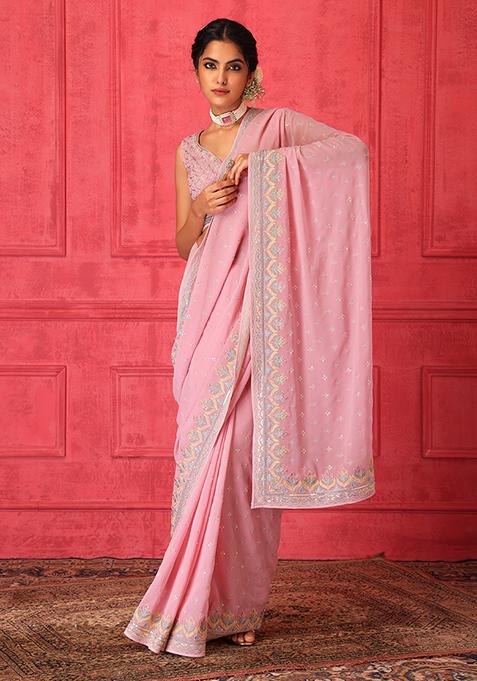 Pink Floral Embroidered Saree Set With Stitched Blouse
