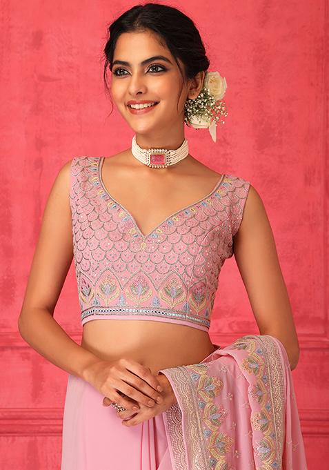 Sunlit Bloom Printed Pre Stitched Saree with Pink Embellished Blouse! main image 1