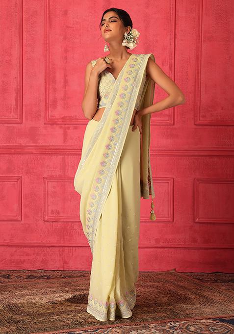 Light Yellow Floral Embroidered Saree Set With Stitched Blouse