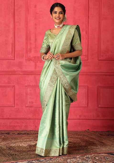 Light Green Banarasi Brocade Saree Set With Stitched Blouse