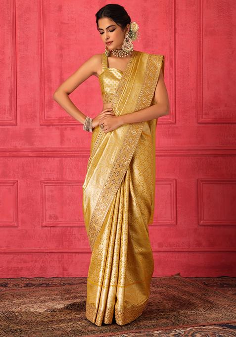 Mustard Yellow Banarasi Brocade Saree Set With Stitched Blouse