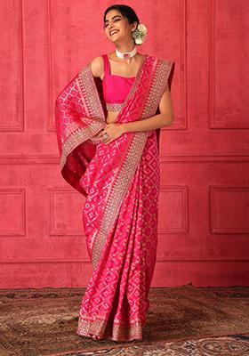 Pink Banarasi Brocade Saree Set With Stitched Blouse