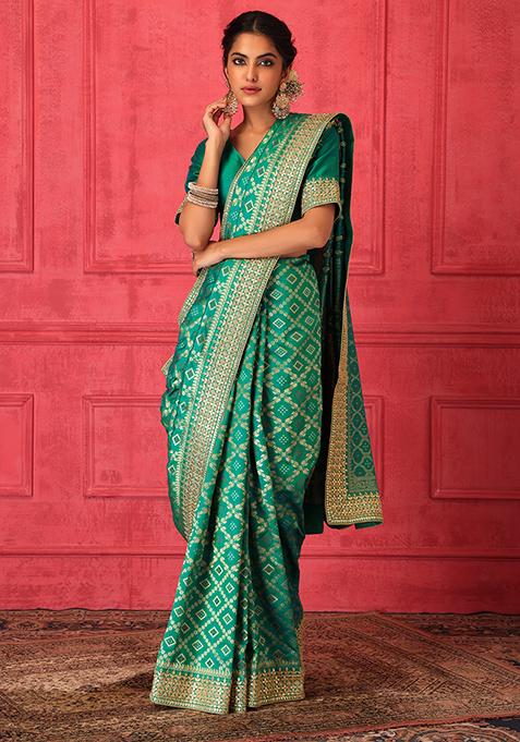 Green Banarasi Brocade Saree Set With Stitched Blouse