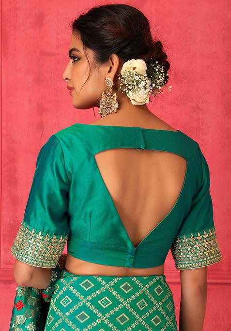 Buy Women Green Banarasi Brocade Saree Set With Stitched Blouse ...