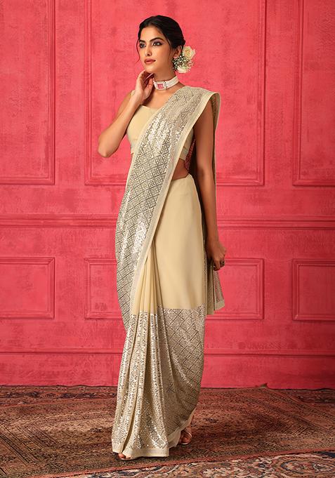 Beige Sequin Embroidered Saree Set With Stitched Blouse