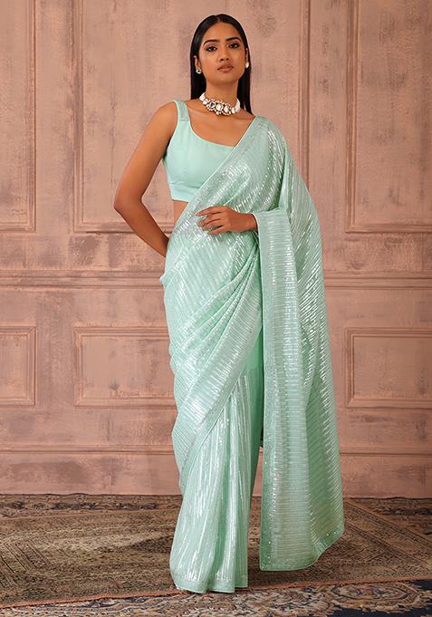 Sea Blue Embroidered Saree Set With Stitched Blouse