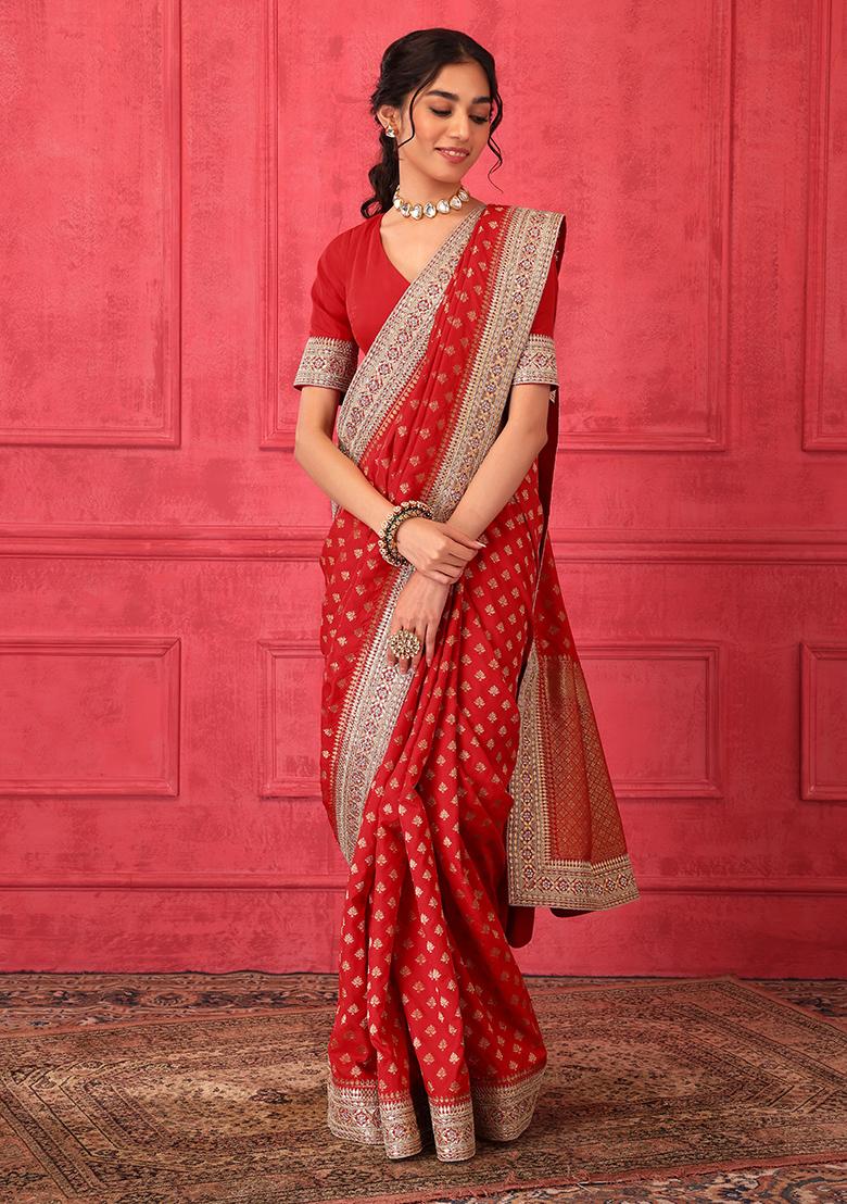 Red Handmade Pure Linen Saree | Contrast Blouse | Silver Zari Border | –  kihums clothing