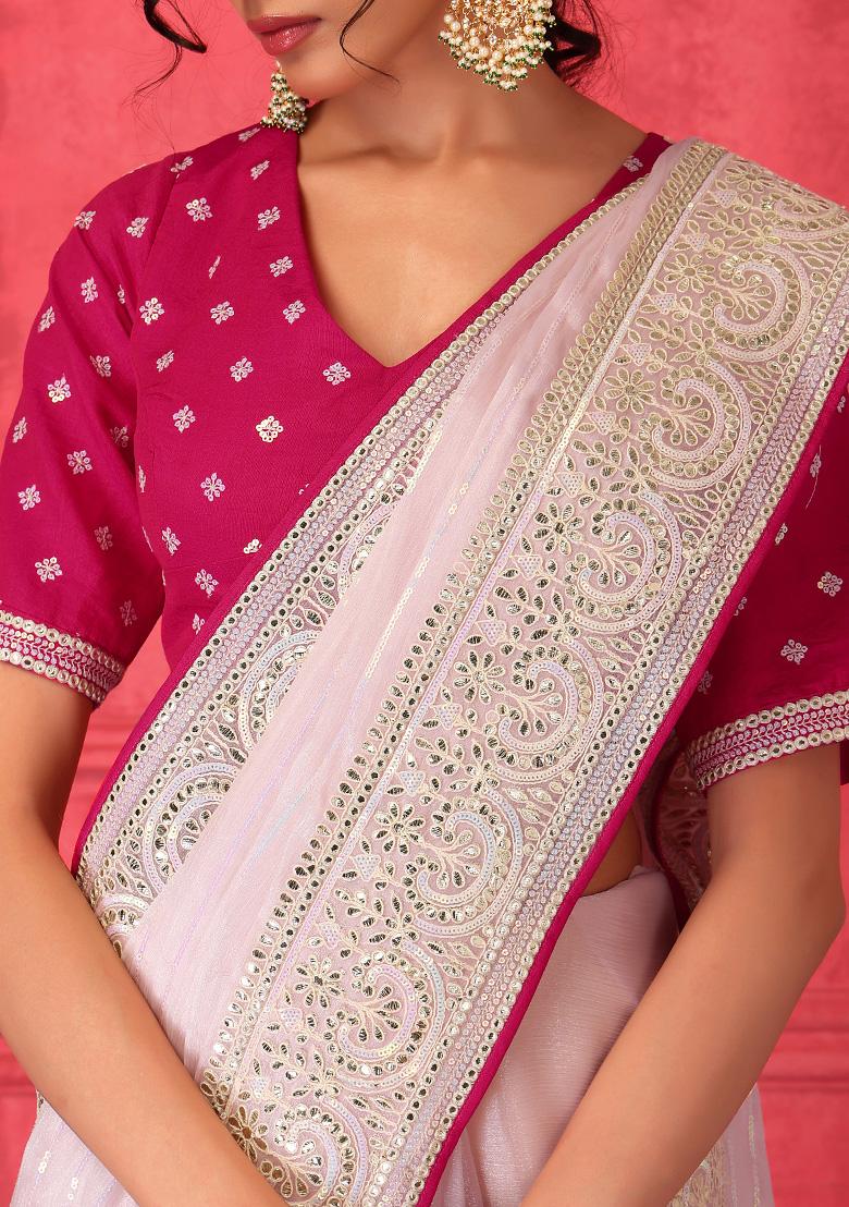 Shop Pink Saree And White Wrap Blouse Set by VINUSTO at House of Designers  – HOUSE OF DESIGNERS