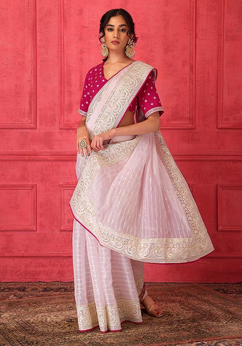 Light Pink Sequin And Gota Embroidered Saree Set With Stitched Contrast Blouse