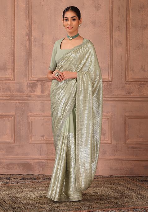 Light Green And Gold Matte Sequin Embroidered Saree Set With Stitched Blouse