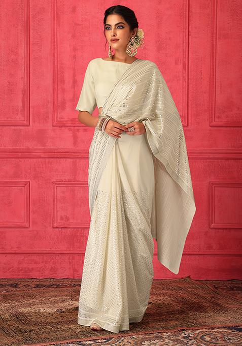 Ivory Sequin Embroidered Chikankari Saree Set With Stitched Blouse And Belt