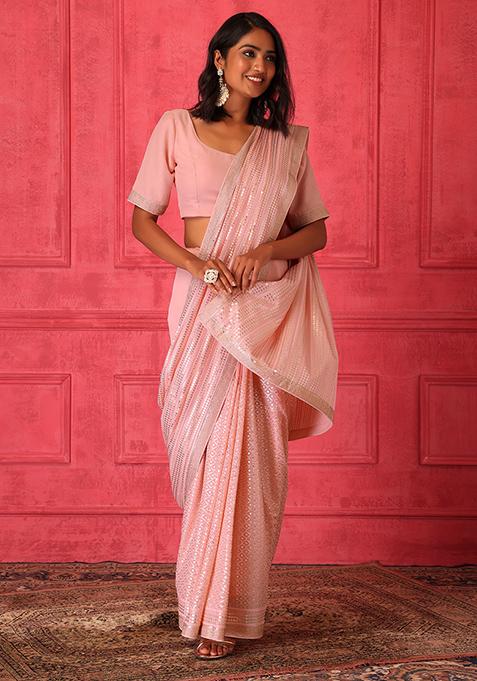 Pink Sequin Embroidered Chikankari Saree Set With Stitched Blouse