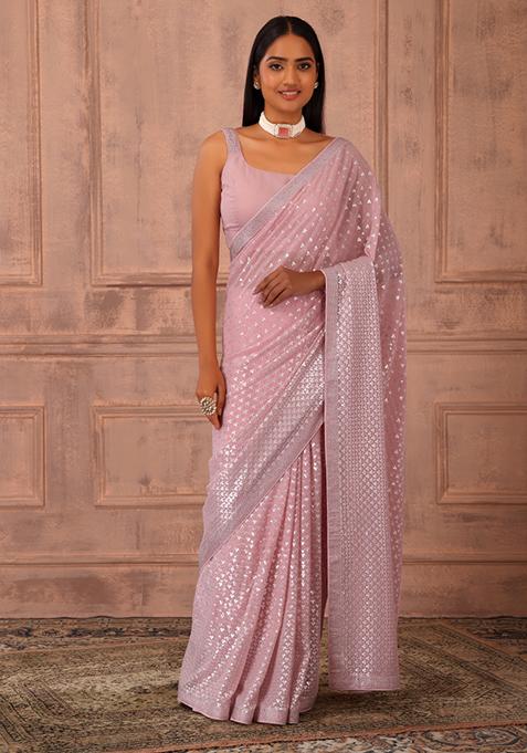 Blush Pink And Silver Embroidered Saree Set With Stitched Blouse