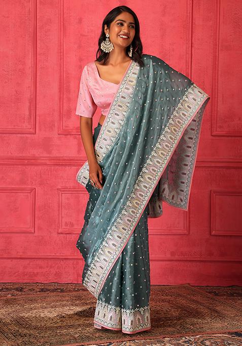 Blue Thread Embroidered Saree Set With Stitched Contrast Blouse