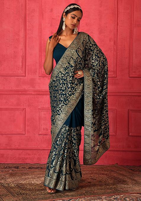 Teal Blue Zari Embroidered Saree Set With Stitched Blouse