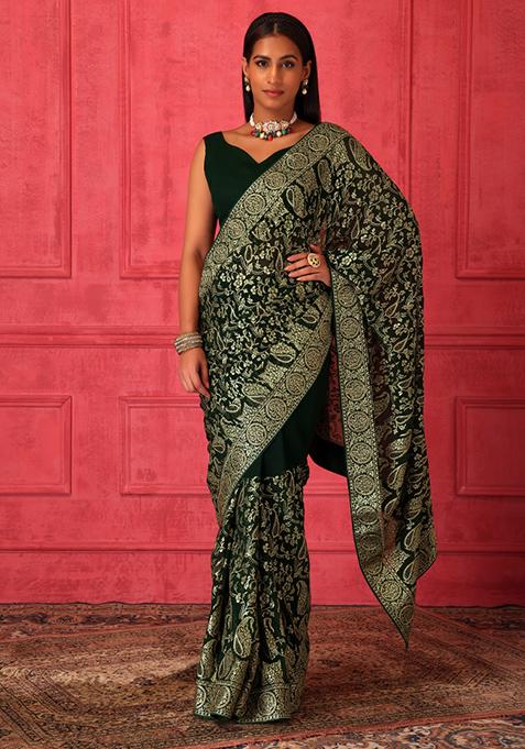 Emerald Green Zari Embroidered Saree Set With Stitched Blouse