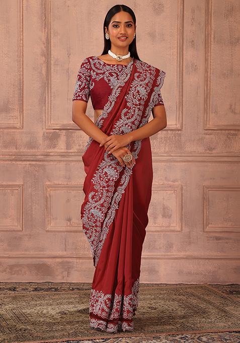 Ruby Red Zari Embroidered Saree Set With Stitched Blouse 