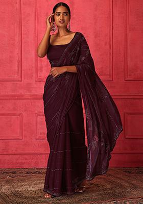 Maroon Crystal Embellished Organza Saree Set With Stitched Blouse