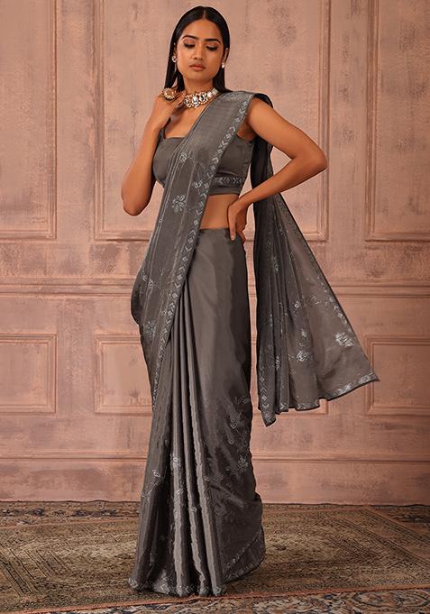 Brown Crystal Embellished Organza Saree Set With Stitched Blouse 