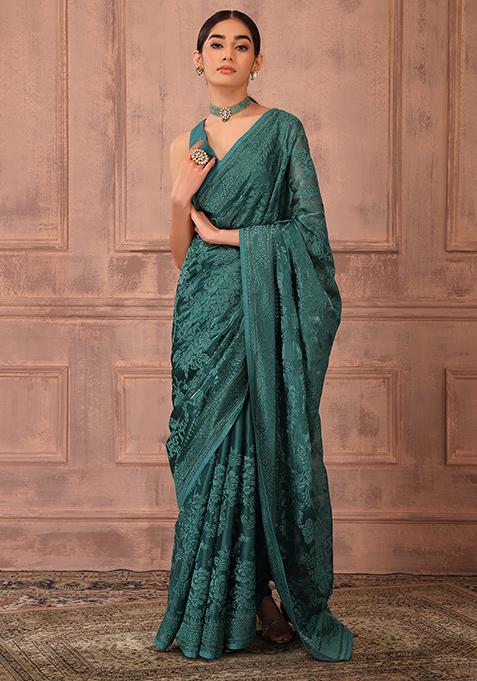 Turquoise Blue Thread Embroidered Saree Set With Stitched Blouse 