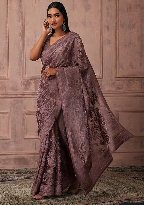 Dusty Pink Thread Embroidered Organza Saree Set With Stitched Blouse 