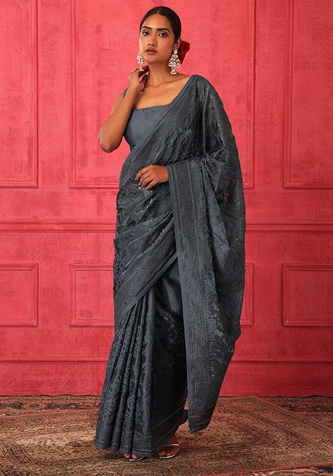 Grey Thread Embroidered Organza Saree Set With Stitched Blouse 