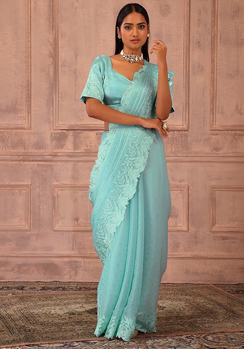 Sea Blue Thread Embroidered Saree Set With Stitched Blouse 