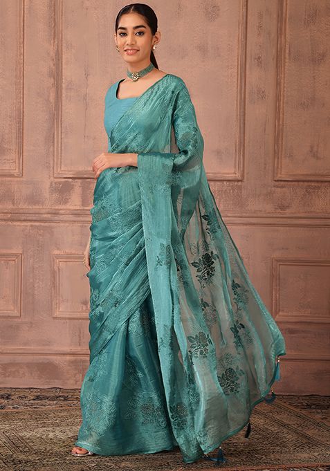 Buy Women Light Green Floral Thread Embroidered Saree Set With Stitched Blouse Un Stitched 9381