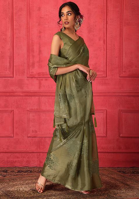 Moss Green Floral Thread Embroidered Saree Set With Stitched Blouse 